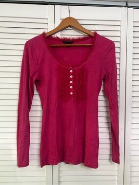 Banana Republic Hot Pink Long Sleeve Scoop Neck Top with Feather Trim
